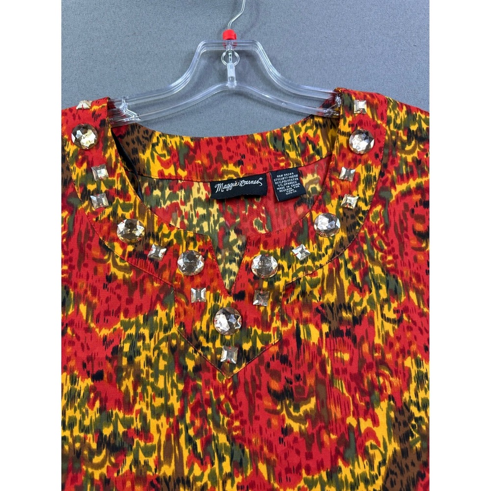 Maggie Barnes Women 1X Red Abstract Print Rhinestone Embellished Blouse 77-1489W
